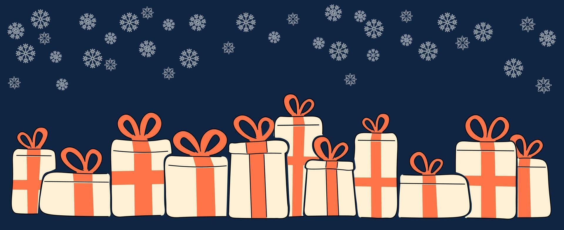 horizontal dark Christmas and New Year banner with gift boxes and snowflakes vector