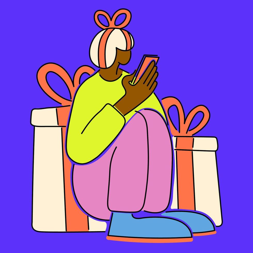 girl seat with gift boxes vector