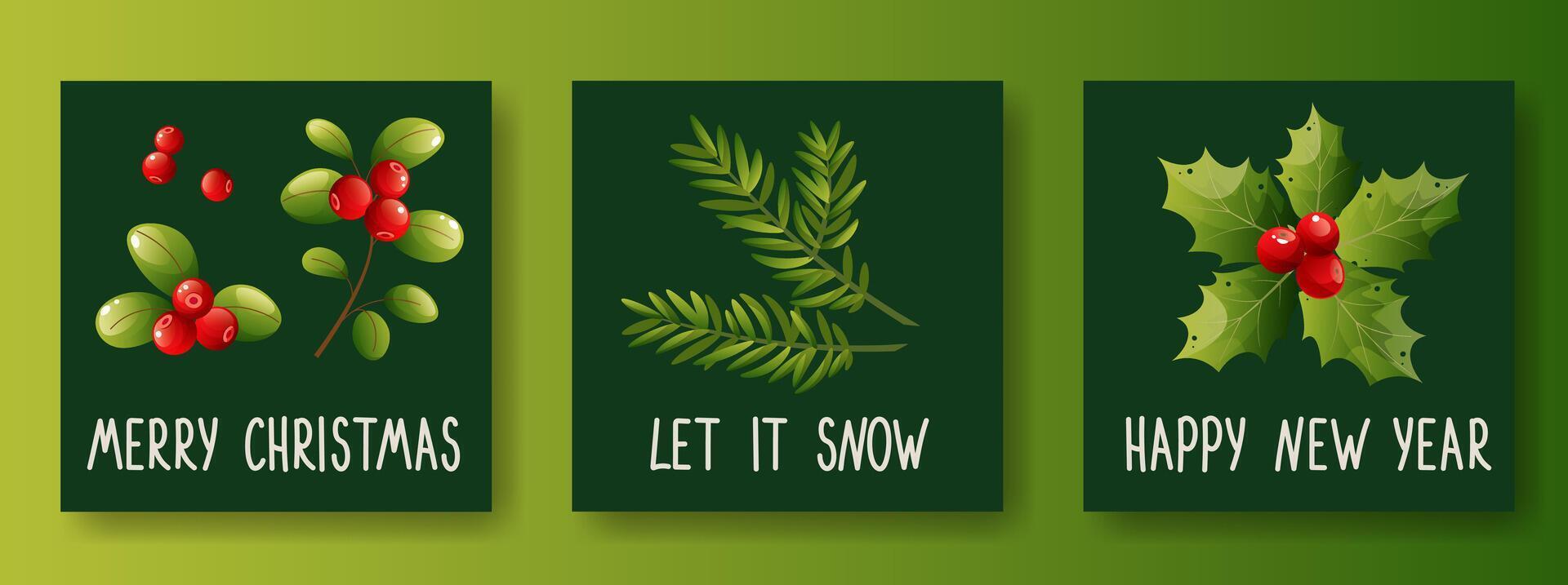 Set of Christmas square cards, happy new year with fir branch, with lingonberry, holly and holly, with green leaves and red berries and inscriptions. Congratulations on Christmas and New Year. vector