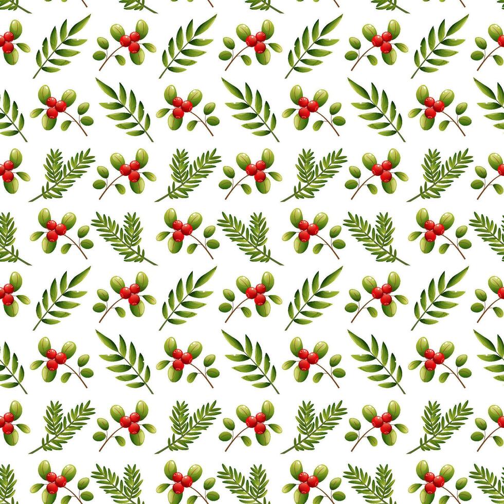 seamless pattern of Christmas foliage, fir branches and red berries, lingonberries. Festive winter botanical print. Design for Christmas textiles, banners, wrapping paper, wallpaper. vector