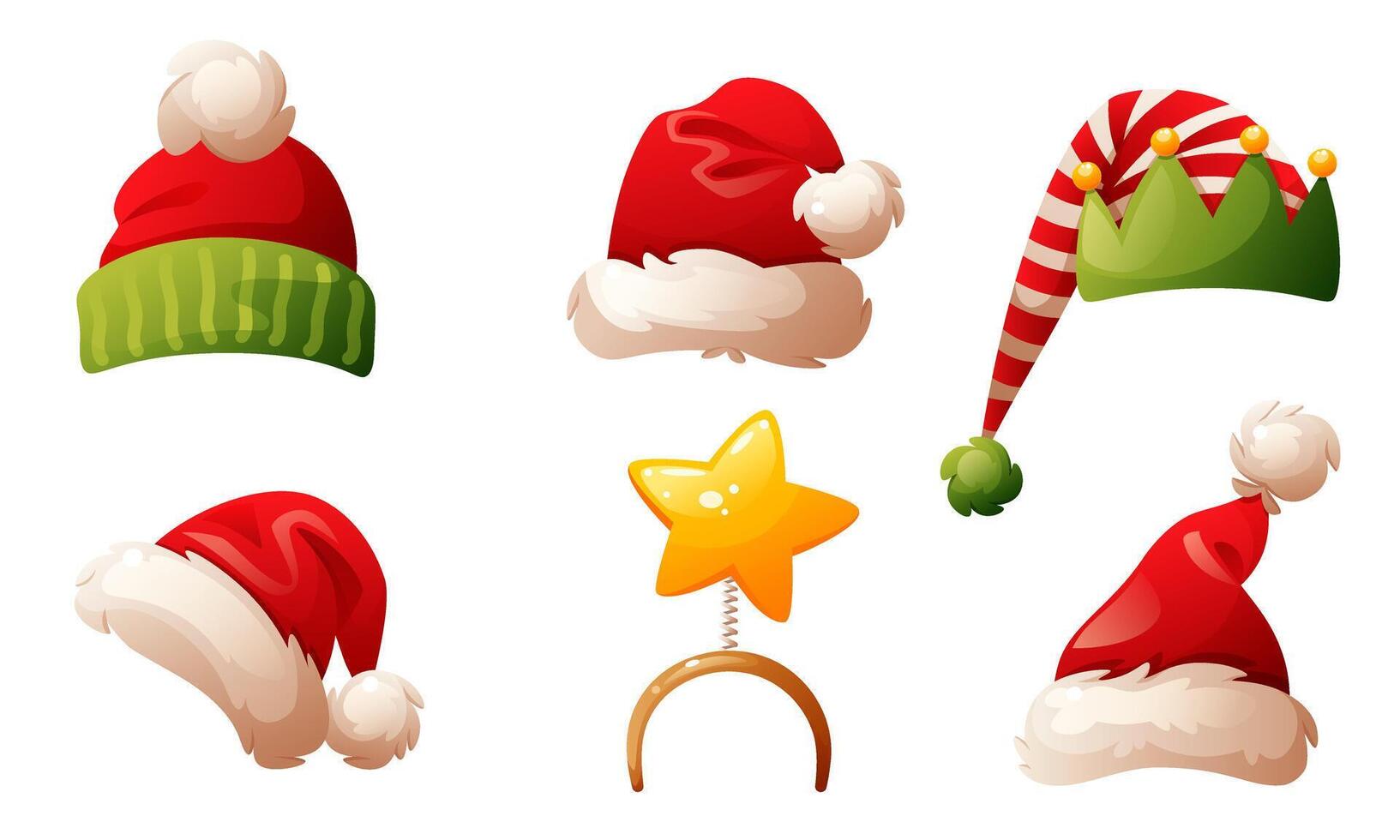 Christmas headdress, Santa Claus hats, elf hats, a headband with deer antlers and a star. Winter hat, Santa Claus hat. a set for decorating Christmas and New Year's compositions. vector