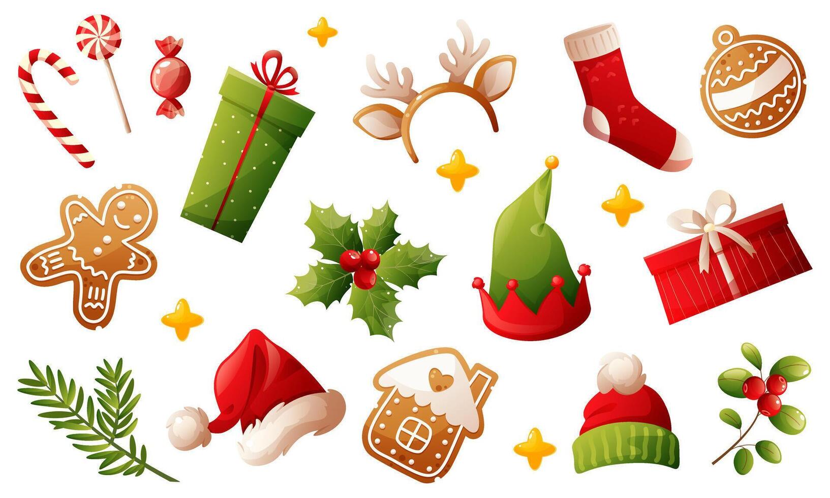 Collection of bright Christmas objects, attributes, symbols of Christmas and happy new year. Candy canes, gingerbread, gift box, Santa's hat, green plants with red berries, fir tree. vector