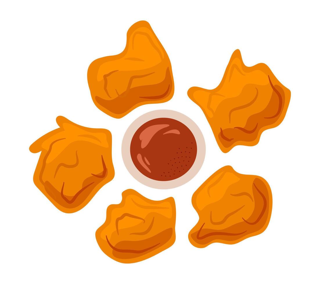 Nuggets around Ketchup in gravy boat. Fried Chicken Pieces with tomato or barbecue Sauce. Fast Food, fried harmful Dish. Snack. Isolated on white background. Top view. Flat color illustration vector
