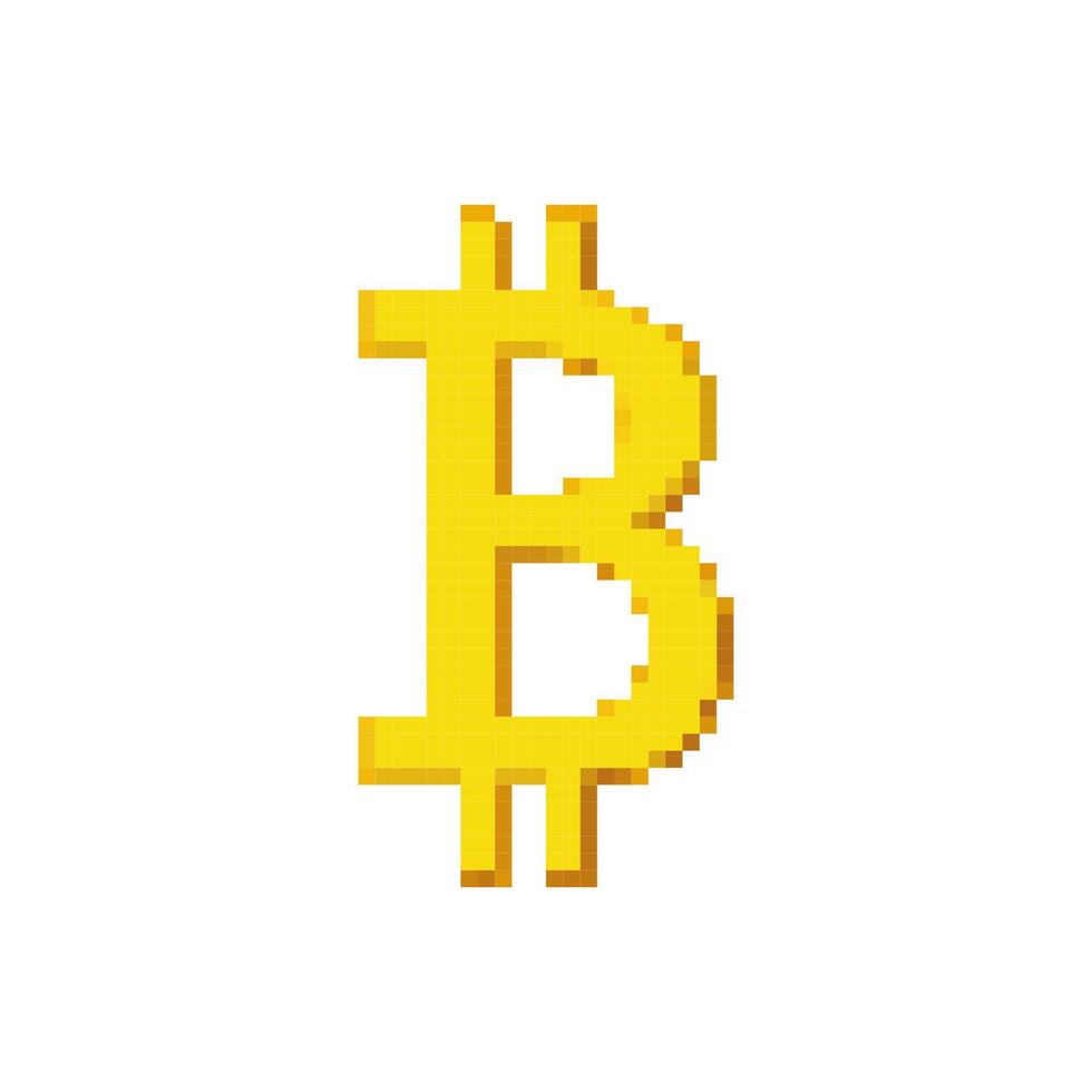 Golden Bitcoin Sign. Pixel Art Style. Digital Currency Icon in Pixelart. Isolated Illustration vector