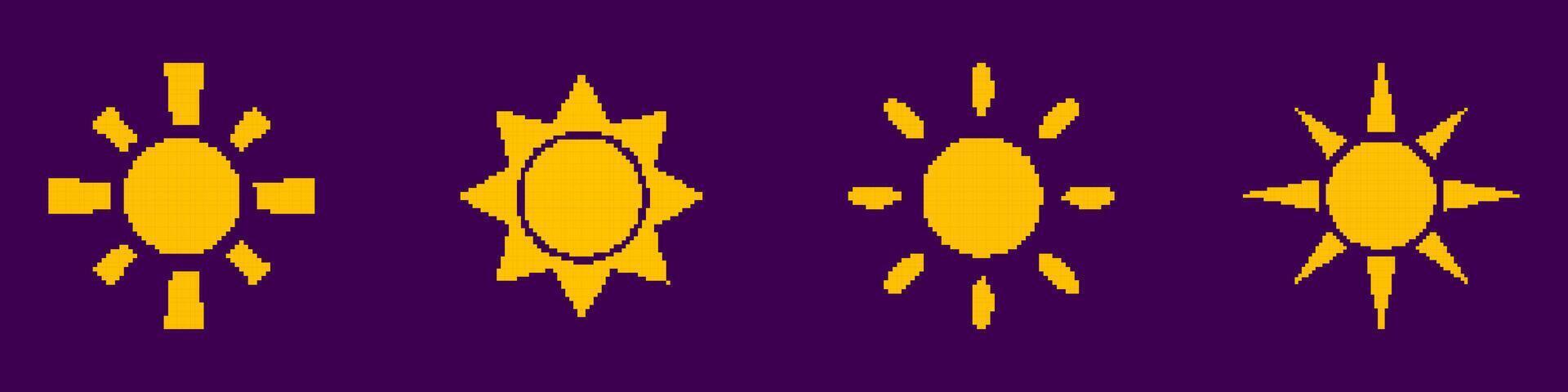 Sun Pixel Art Icon Set. Retro Game Yellow Sun Isolated on Dark Background. Vintage Game Symbol. Isolated Illustration vector