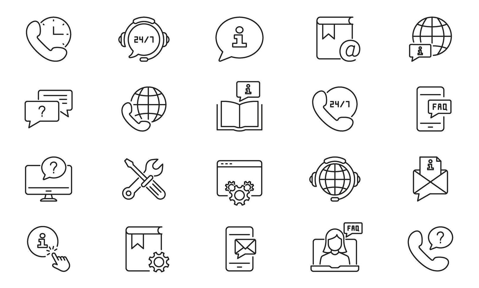 Customer Support Services Line Icon Set. Global Communication and FAQ Tools Outline Symbol Collection. 24 7 Assistance Sign. Editable Stroke. Isolated Illustration vector