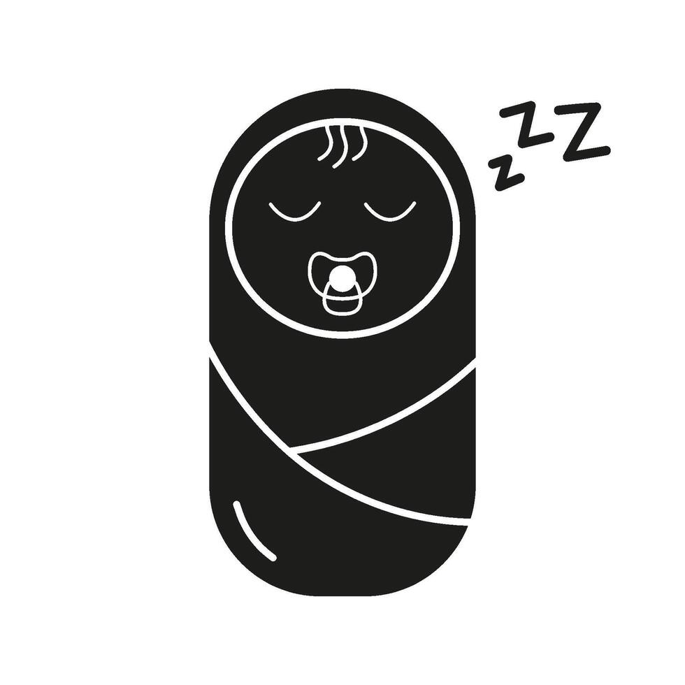 Swaddled Baby with Pacifier Sleeping Silhouette Icon. Newborn Rest and Sleep Glyph Symbol. Peaceful Newborn with Pacifier. Bedtime Rest for Baby. Isolated Illustration vector