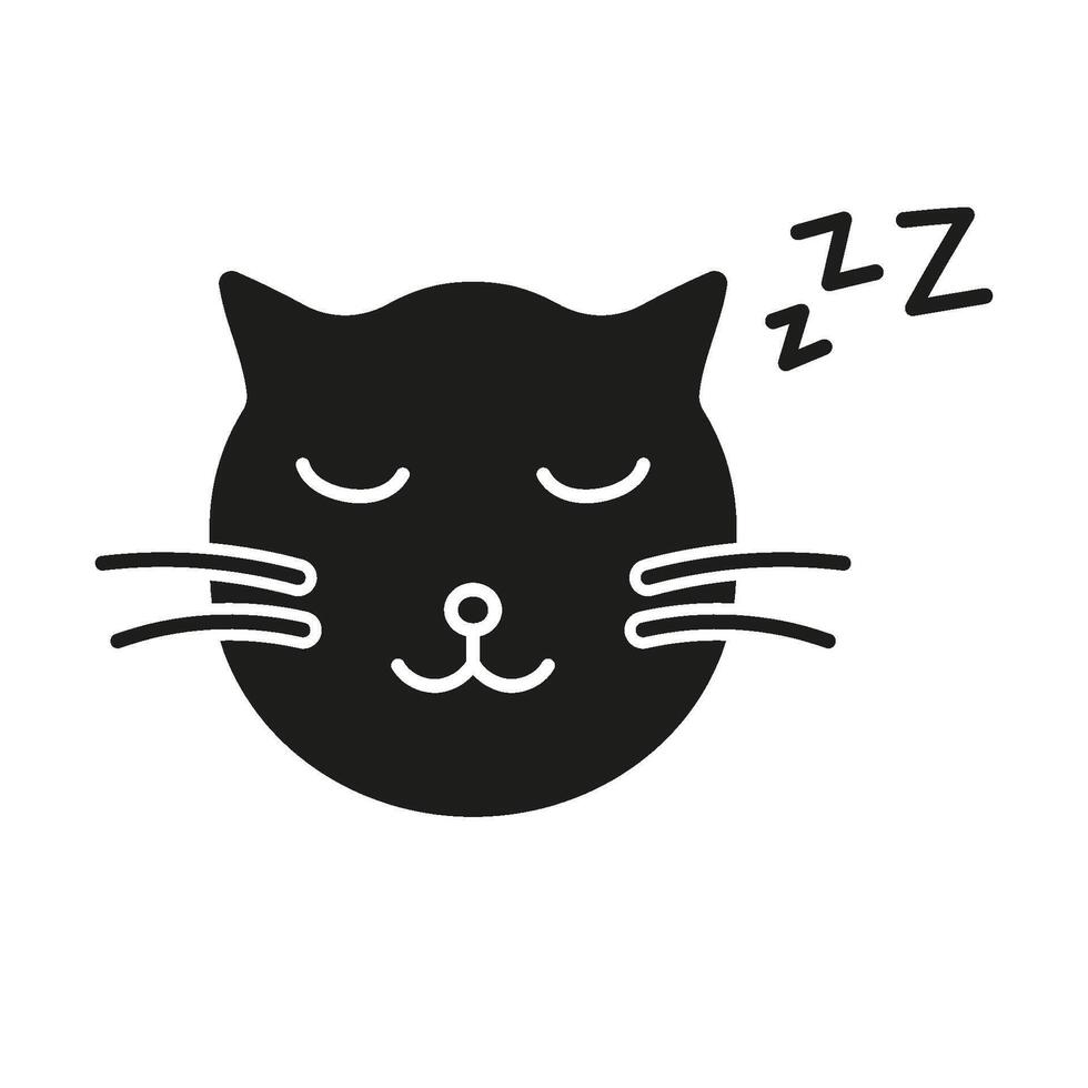 Sleeping Cat Face with ZZZ Silhouette Icon. Peaceful Pet Rest and Relaxation Glyph Symbol. Calm and Cozy Animal Nap. Isolated Illustration vector