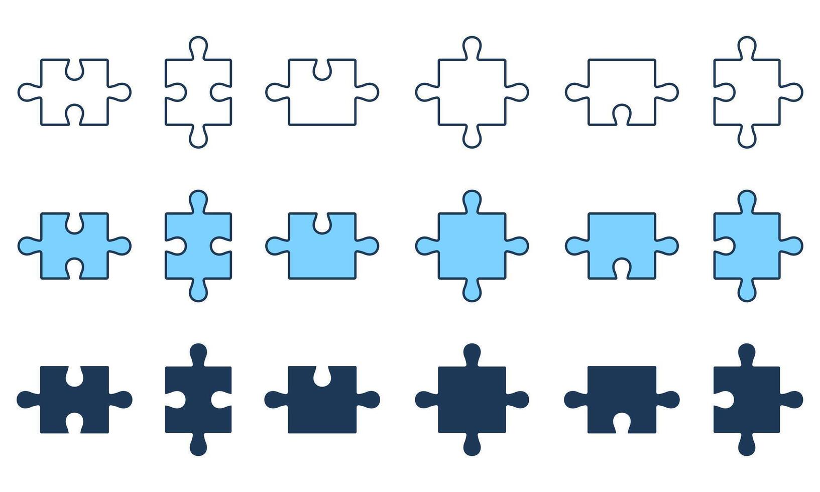 Puzzle Pieces Fit Line and Silhouette Icon Set. Business Strategy, Teamwork, Brainstorming Concept. Editable Stroke. Isolated Illustration vector