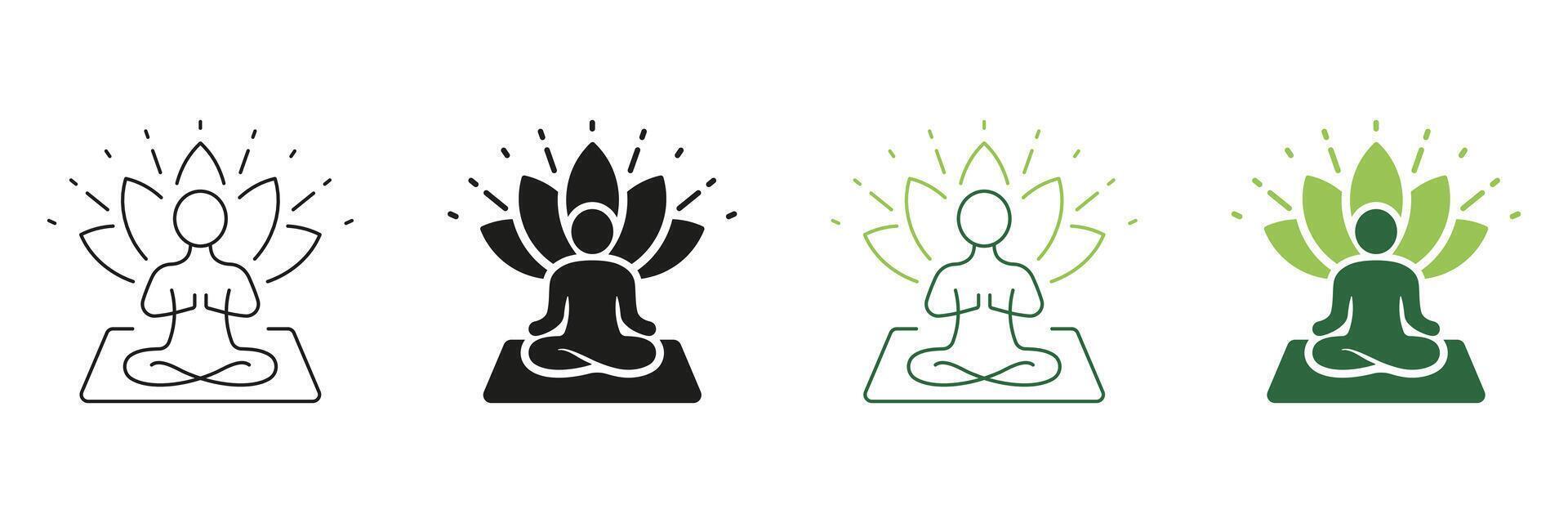 Yoga Person in Pose Lotus Line and Silhouette Icon Set. Meditate Relaxation Asana Exercise Icon. Zen Wellness. Editable Stroke. Isolated Illustration vector