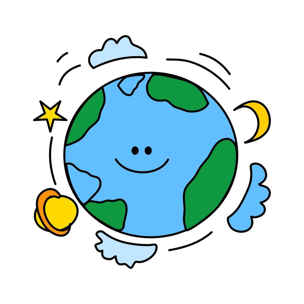 Eco Think earth concept. Go green. Earth planet smile with stars moon, cloud, and Saturnus. It can be use for sticker or wallpaper vector