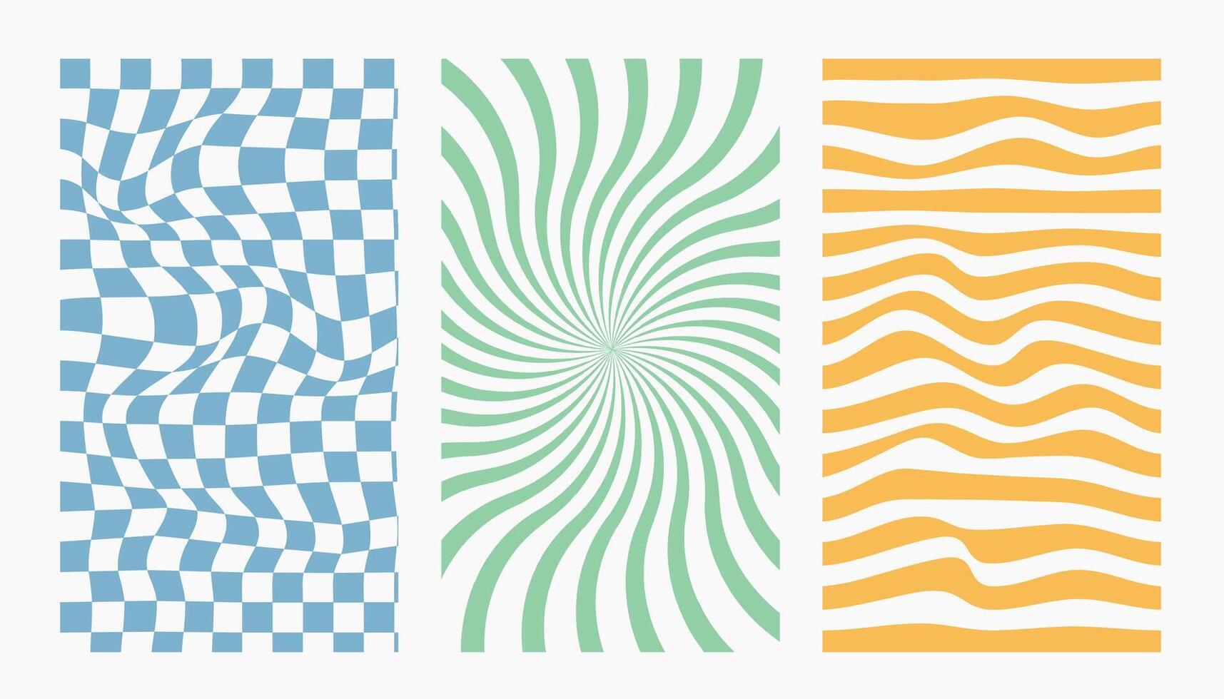 Groovy hippie 70s backgrounds set. Chessboard and twisted patterns. Backgrounds in trendy retro trippy style. Twisted and distorted texture in trendy retro psychedelic style vector
