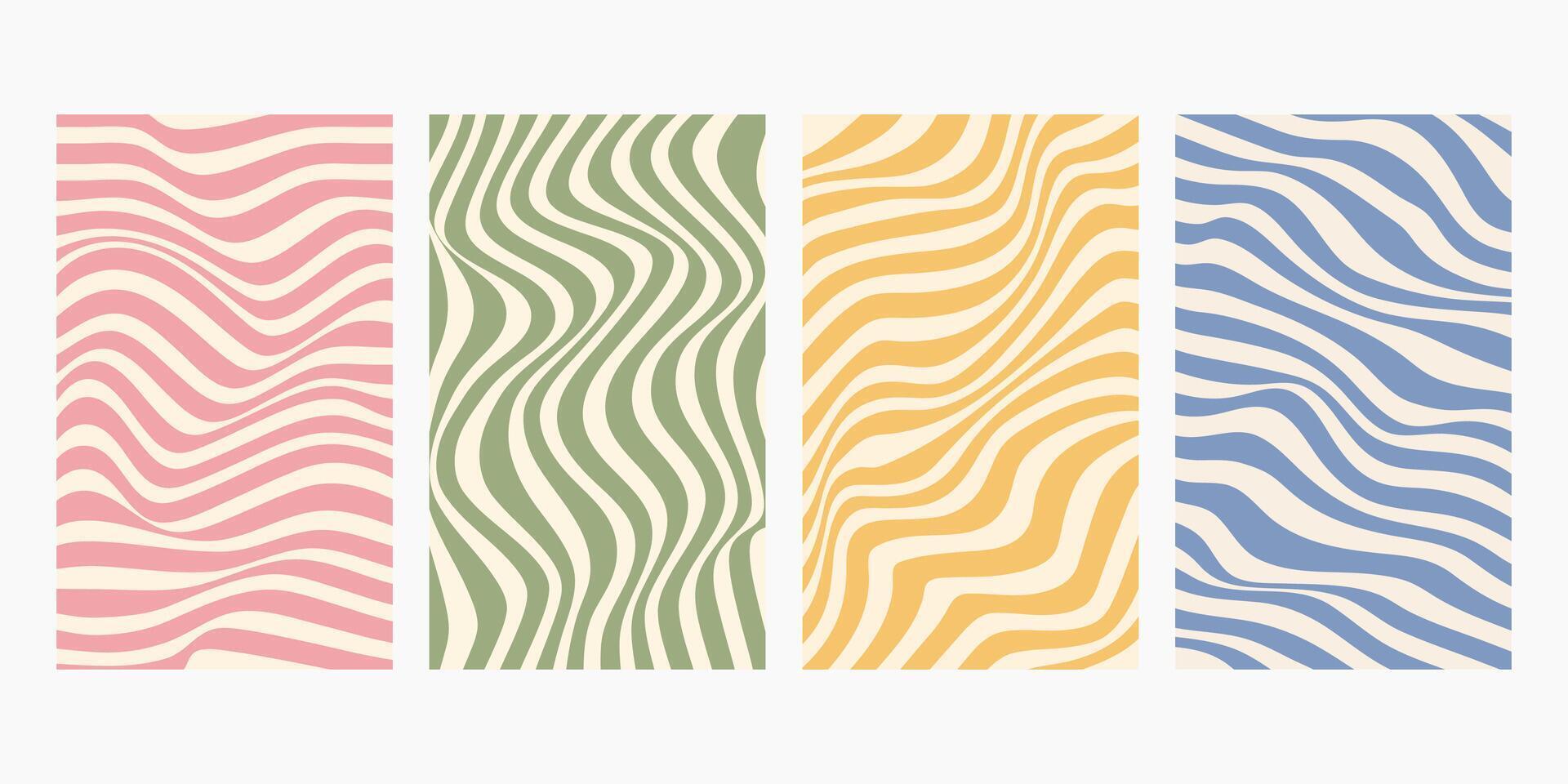 Groovy hippie 70s backgrounds. Waves, swirl, twirl pattern with heart, daisy, flower. Twisted and distorted texture in trendy retro psychedelic style. Y2k aesthetic vector