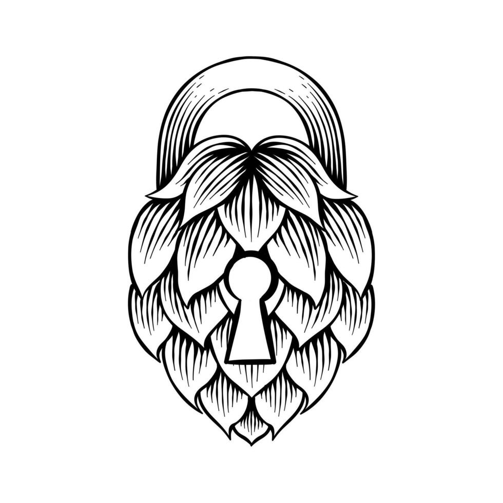 hand drawn illustration of hops combined padlock vector