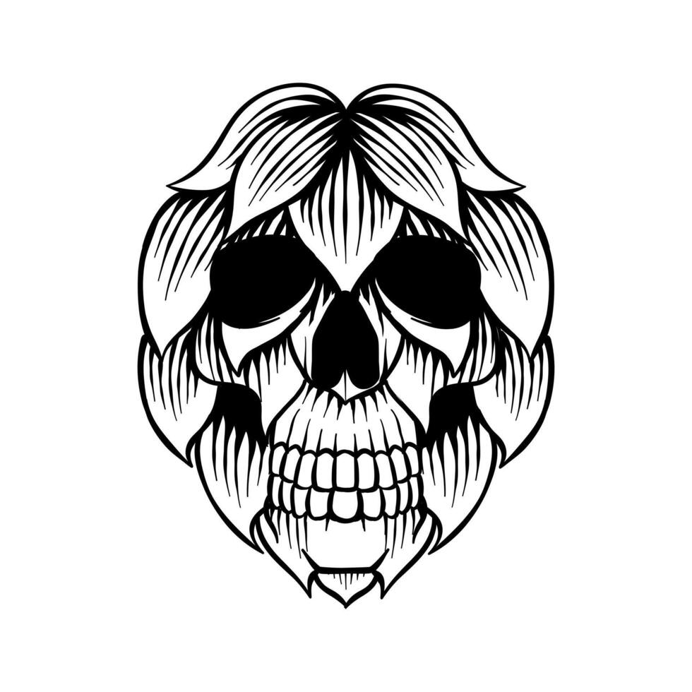 hand drawn illustration of hops combined with a skull head vector