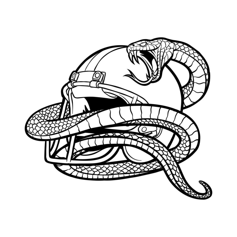 black and white illustration of a football helmet wrapped around a snake vector