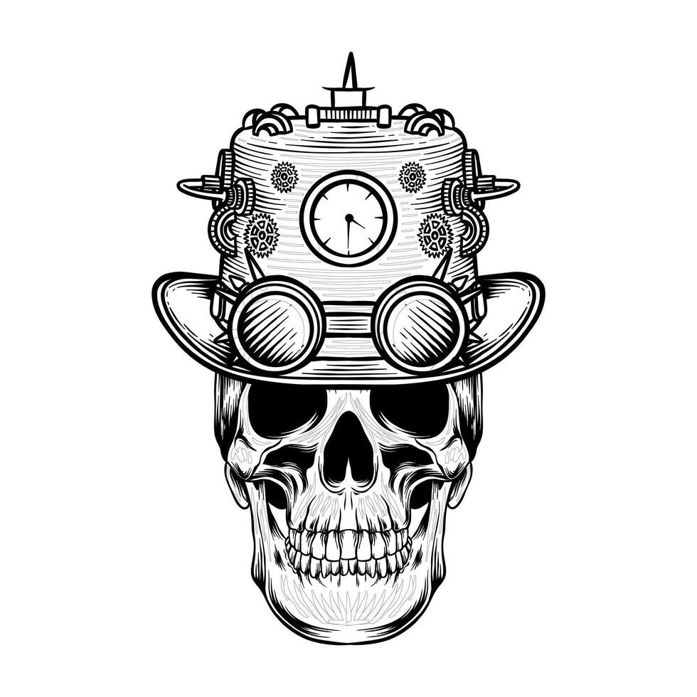 black and white illustration of a skull wearing a steampunk style hat vector
