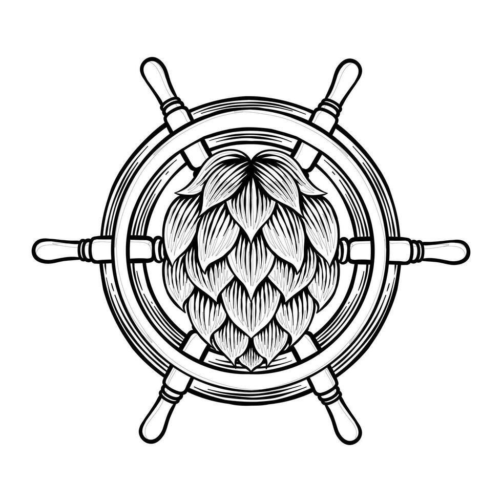 black and white illustration of hops and ship rudder vector