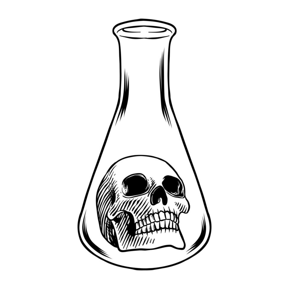 black and white illustration of a skull in a chemical tube vector