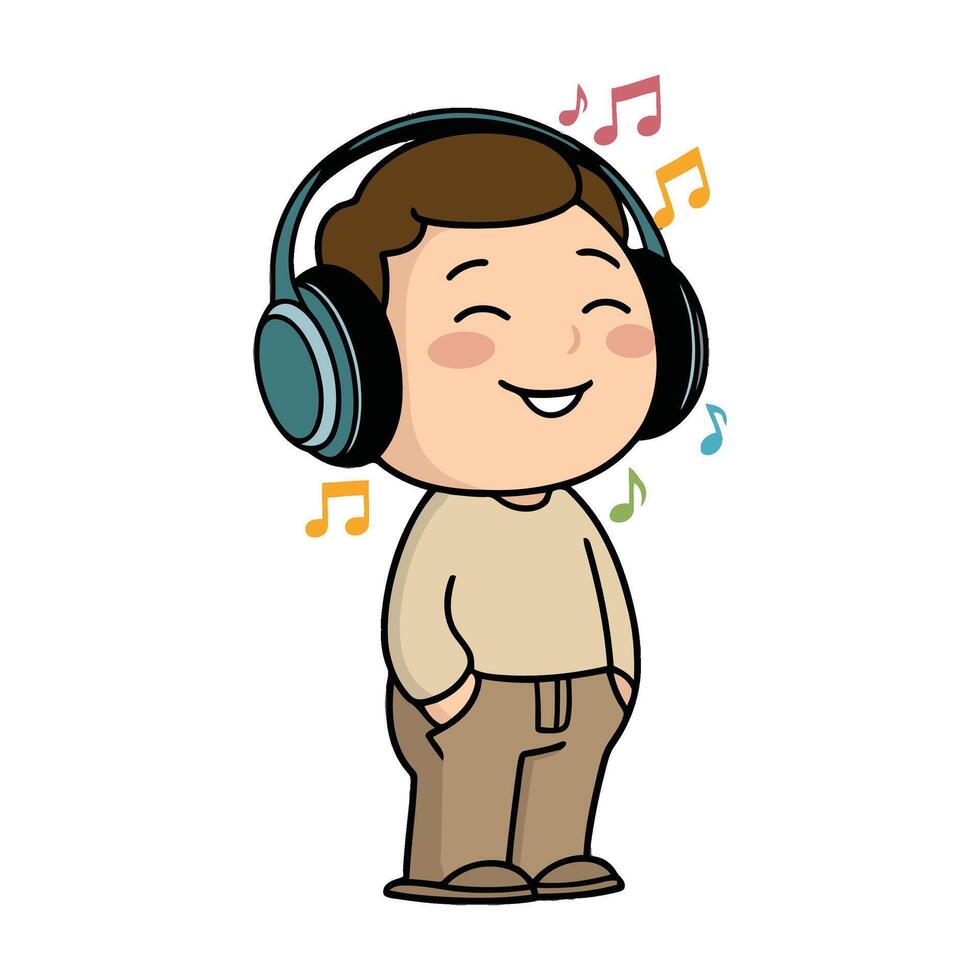A cartoon boy with headphones and music notes vector