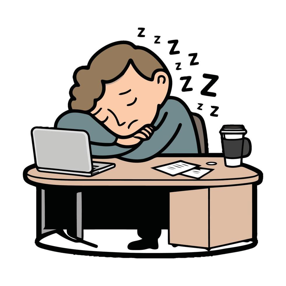 A cartoon man sleeping at his desk with his laptop vector