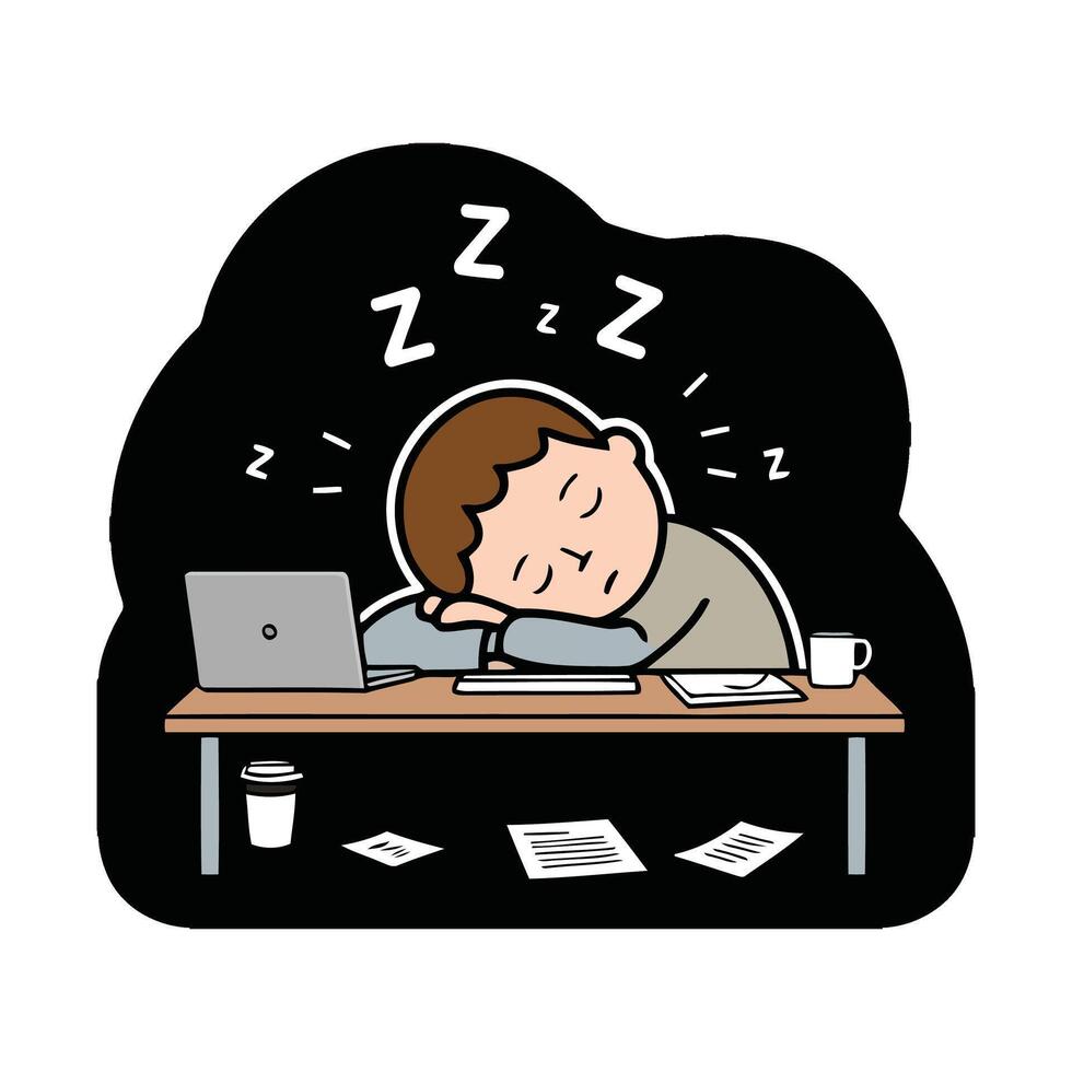 A cartoon man sleeping on his desk with his laptop vector