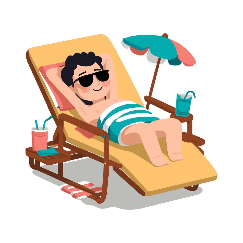 A cartoon man in sunglasses is relaxing on a beach chair vector