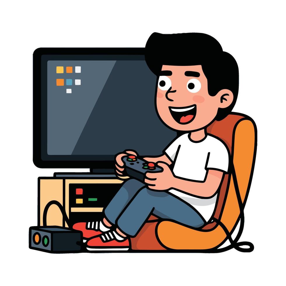 A cartoon boy playing games on a chair vector