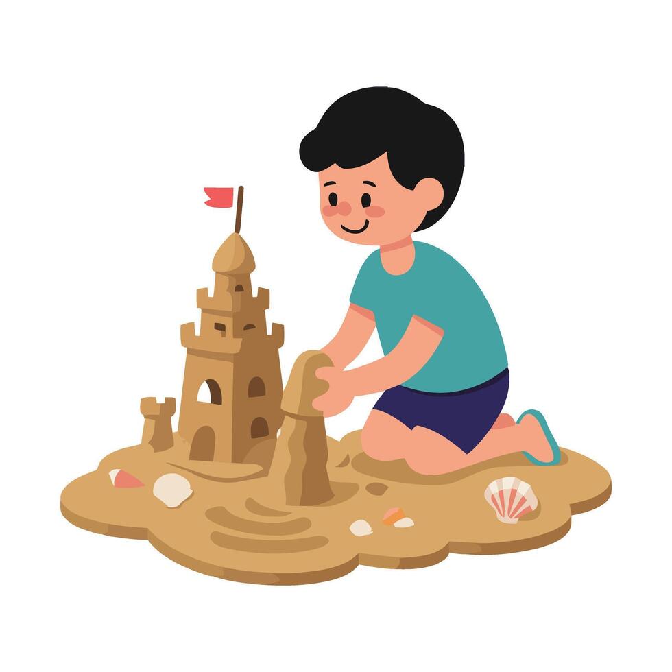 Boy playing with sand castle illustration vector