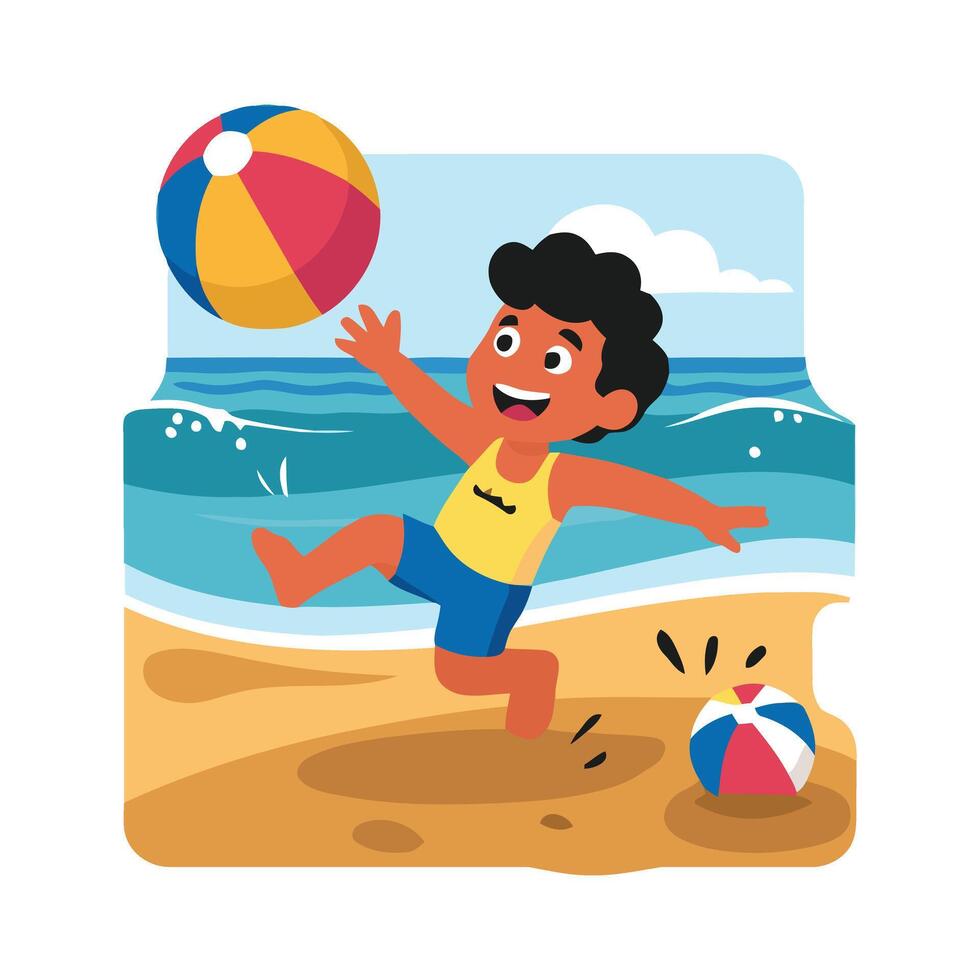 A cartoon boy playing with a ball on the beach vector