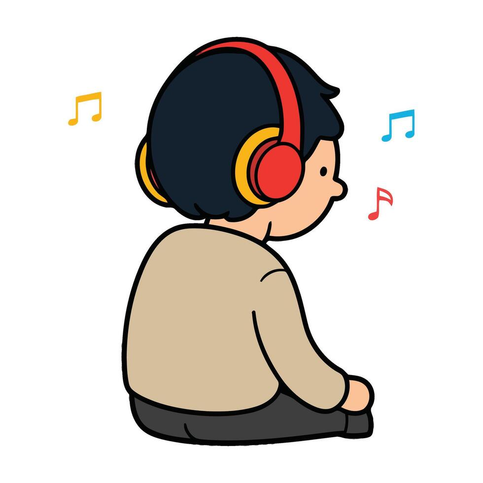 A cartoon boy sitting with headphones on his head vector