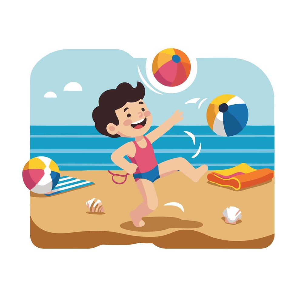 A boy playing with a beach ball on the beach vector