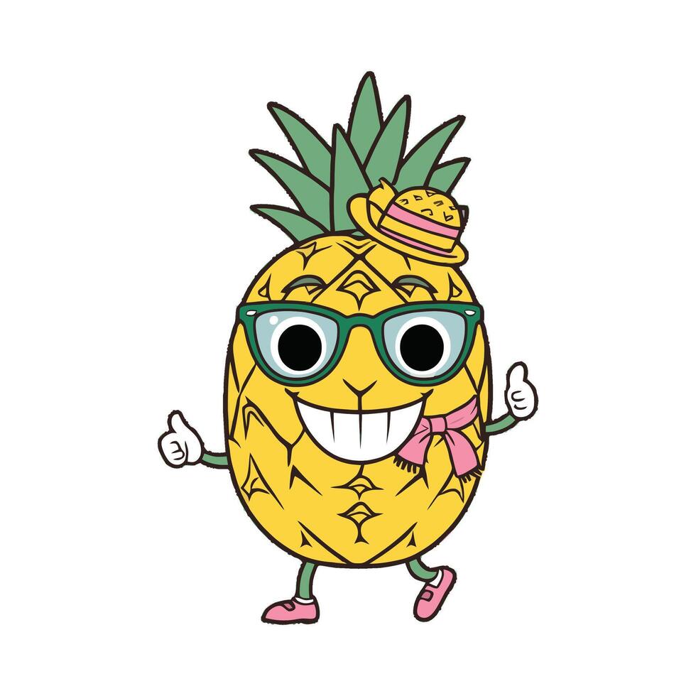 A cartoon pineapple with glasses and a hat vector