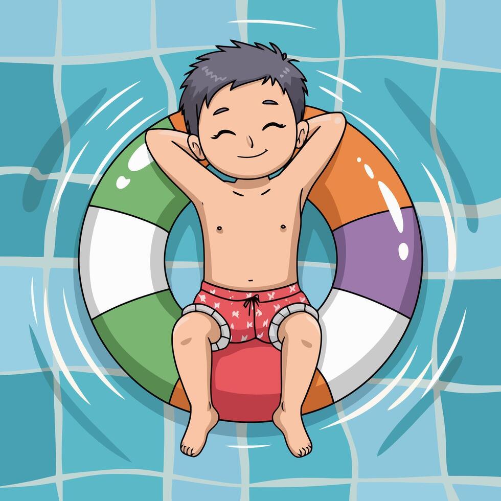Happy child relaxing on a pool float with hands behind head vector