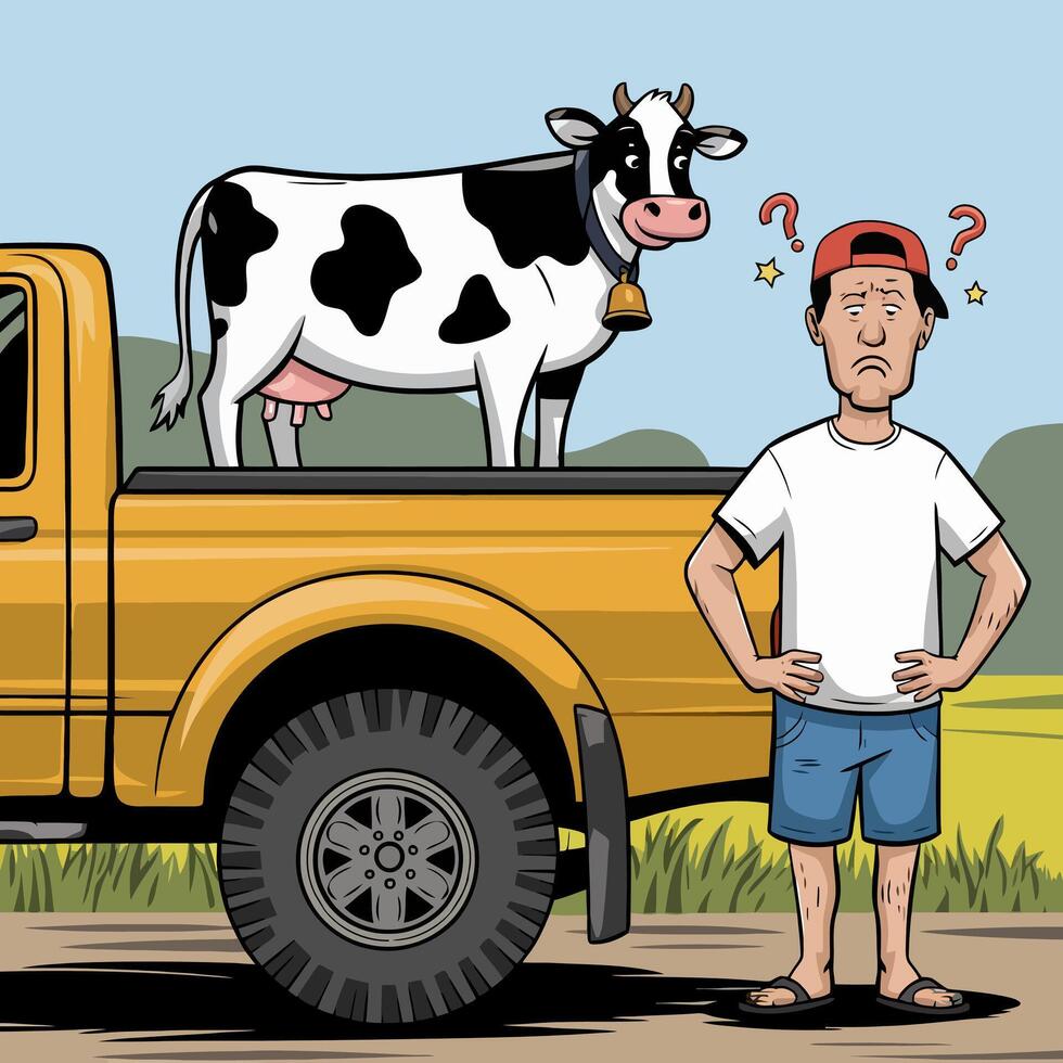 Confused man with cow on truck, humorous farm scene. vector
