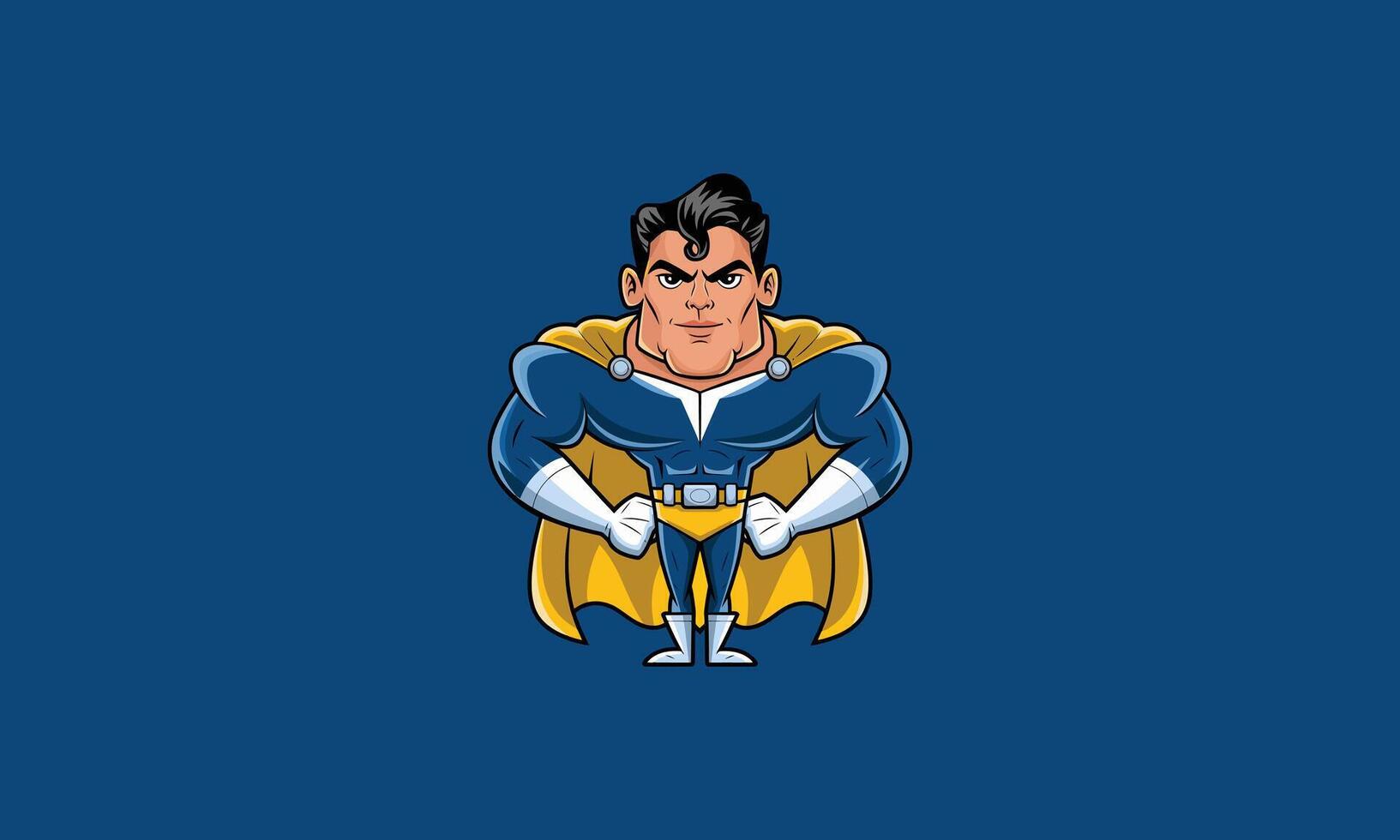 Strong superhero with cape, confident stance on blue background. vector