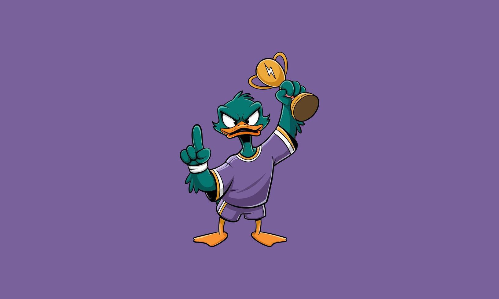 Determined duck holding trophy, celebrating victory. vector