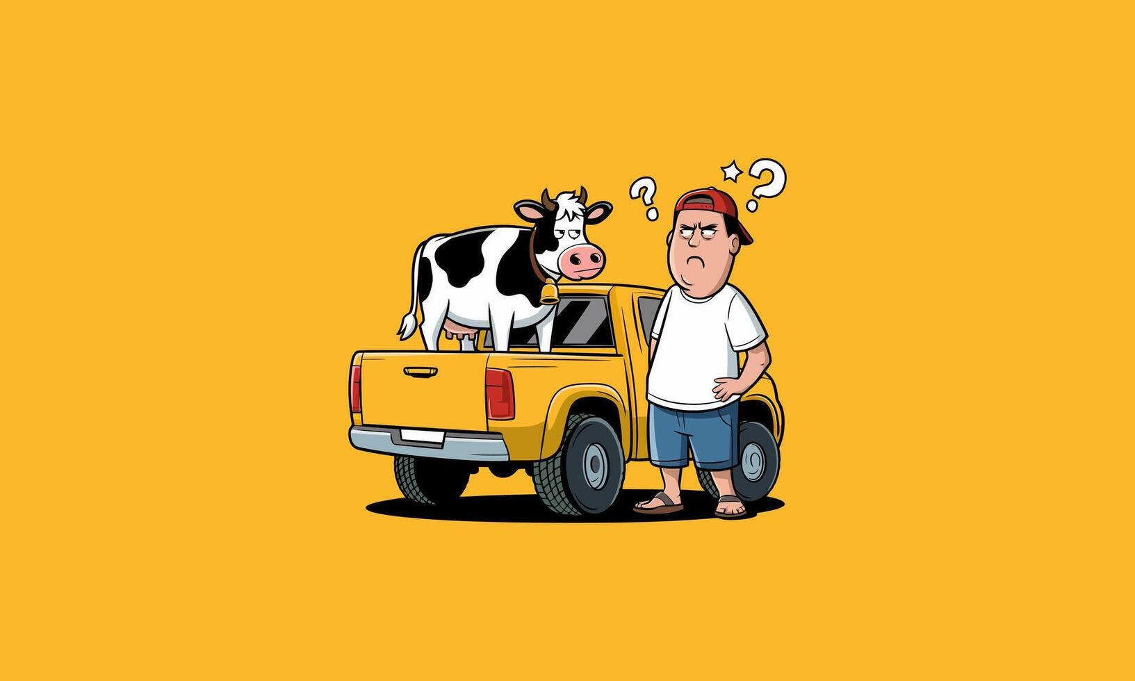 Confused man with a cow on his truck in humorous scene. vector
