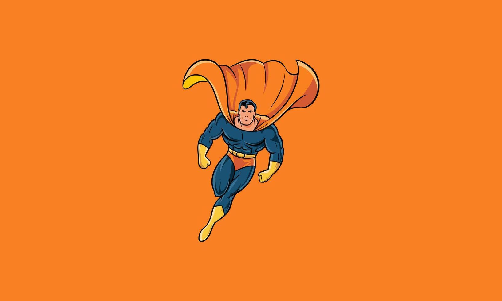 Flying superhero in orange cape with determined expression. vector