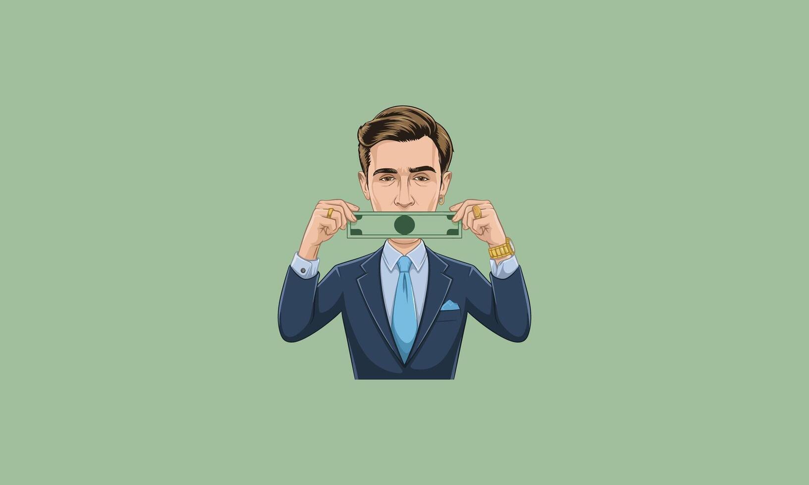 Businessman holding a dollar bill as a mustache. vector