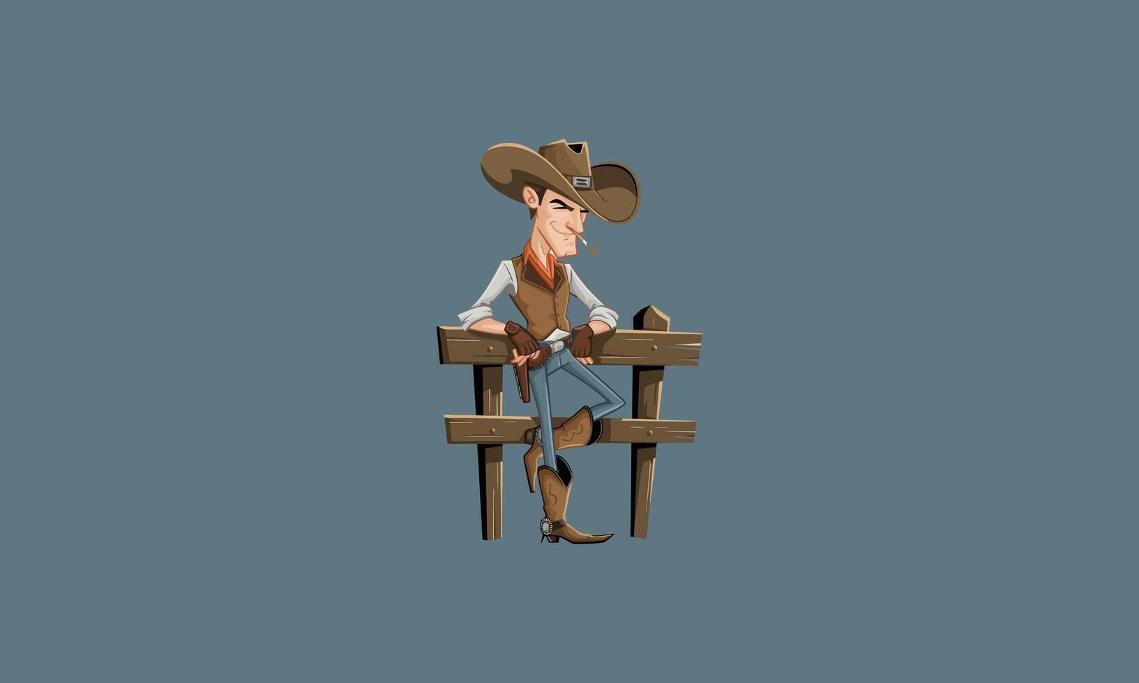 Cowboy leaning on fence, relaxed with cigarette and hat. vector