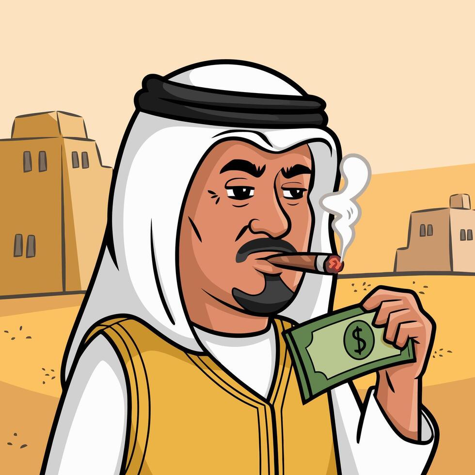 Man in traditional attire smoking cigar, holding money. vector