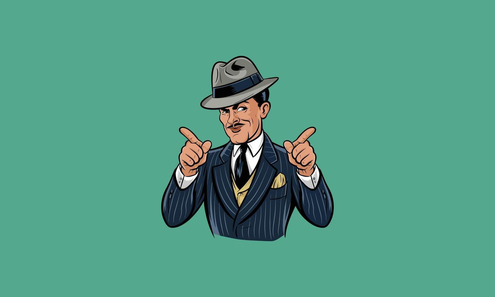 Confident man in suit and fedora pointing with both hands. vector