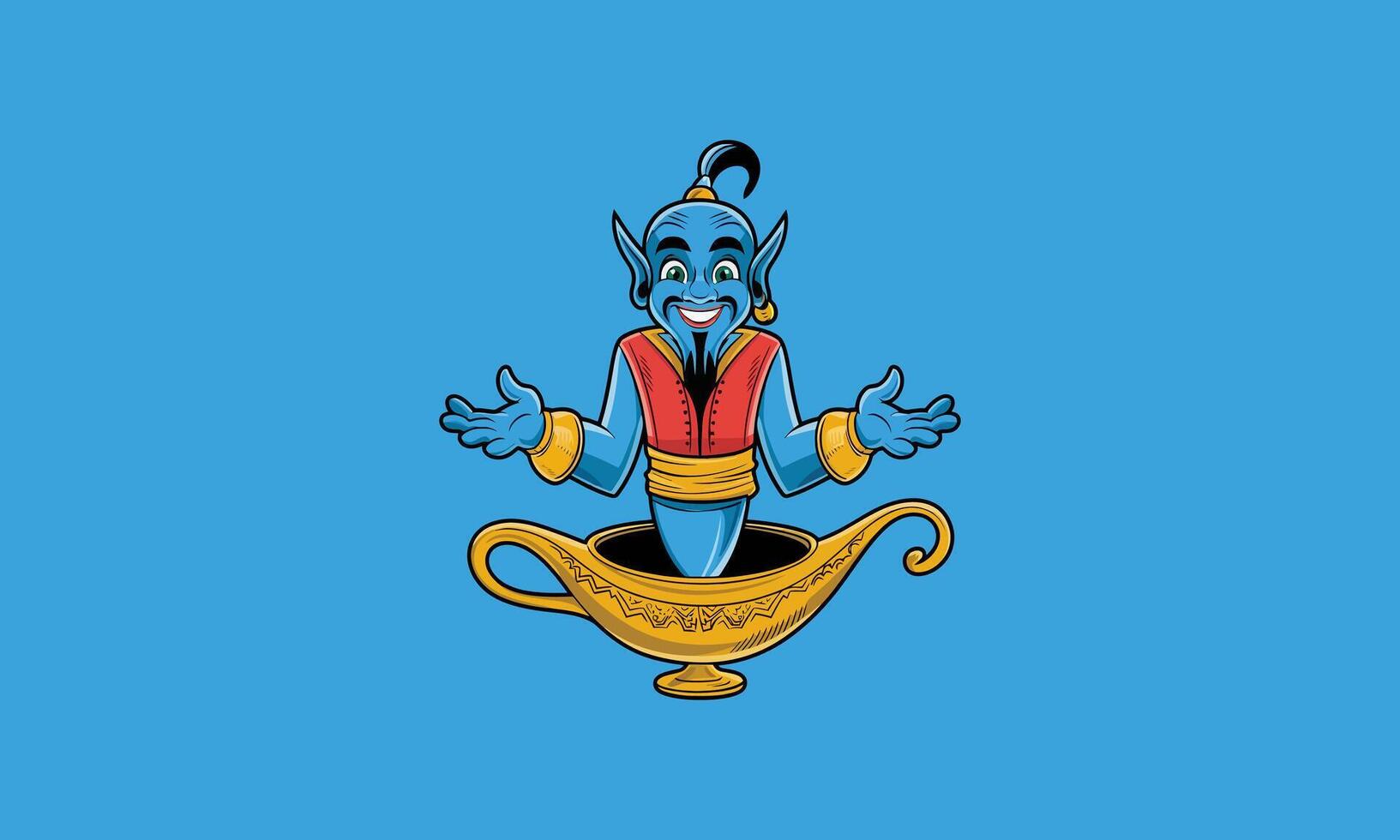 Friendly genie emerging from a magic lamp, arms open vector
