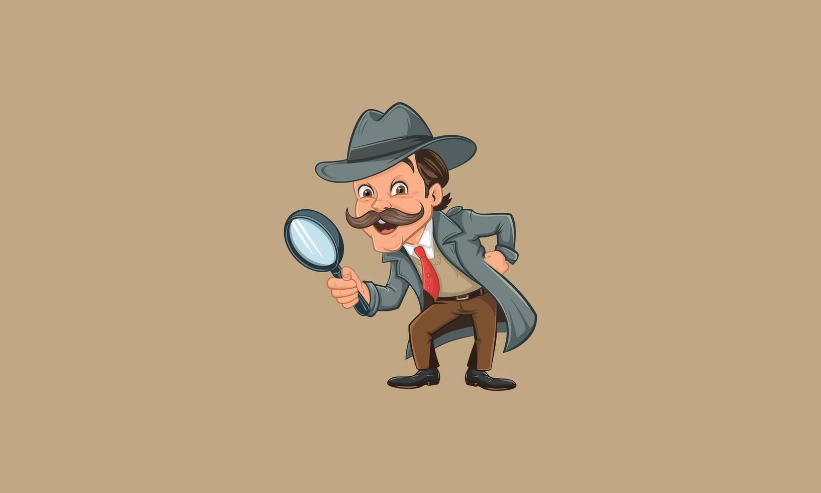 Detective with mustache examining through a magnifying glass. vector