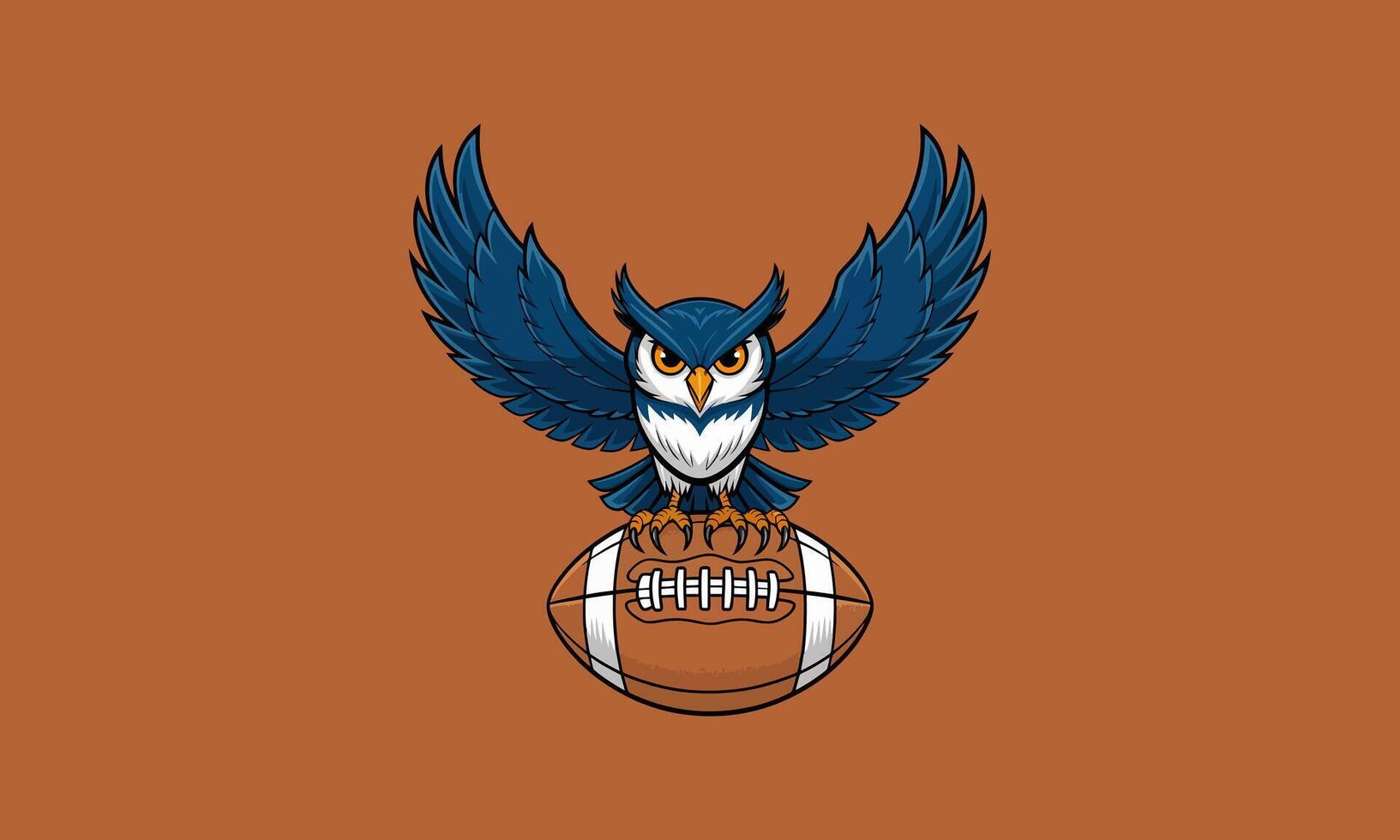 Powerful owl perched on football with wings spread wide. vector