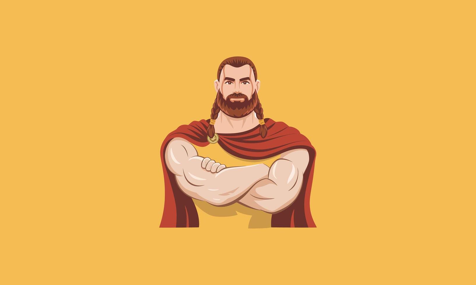 Strong warrior with crossed arms, braided hair, and cape. vector