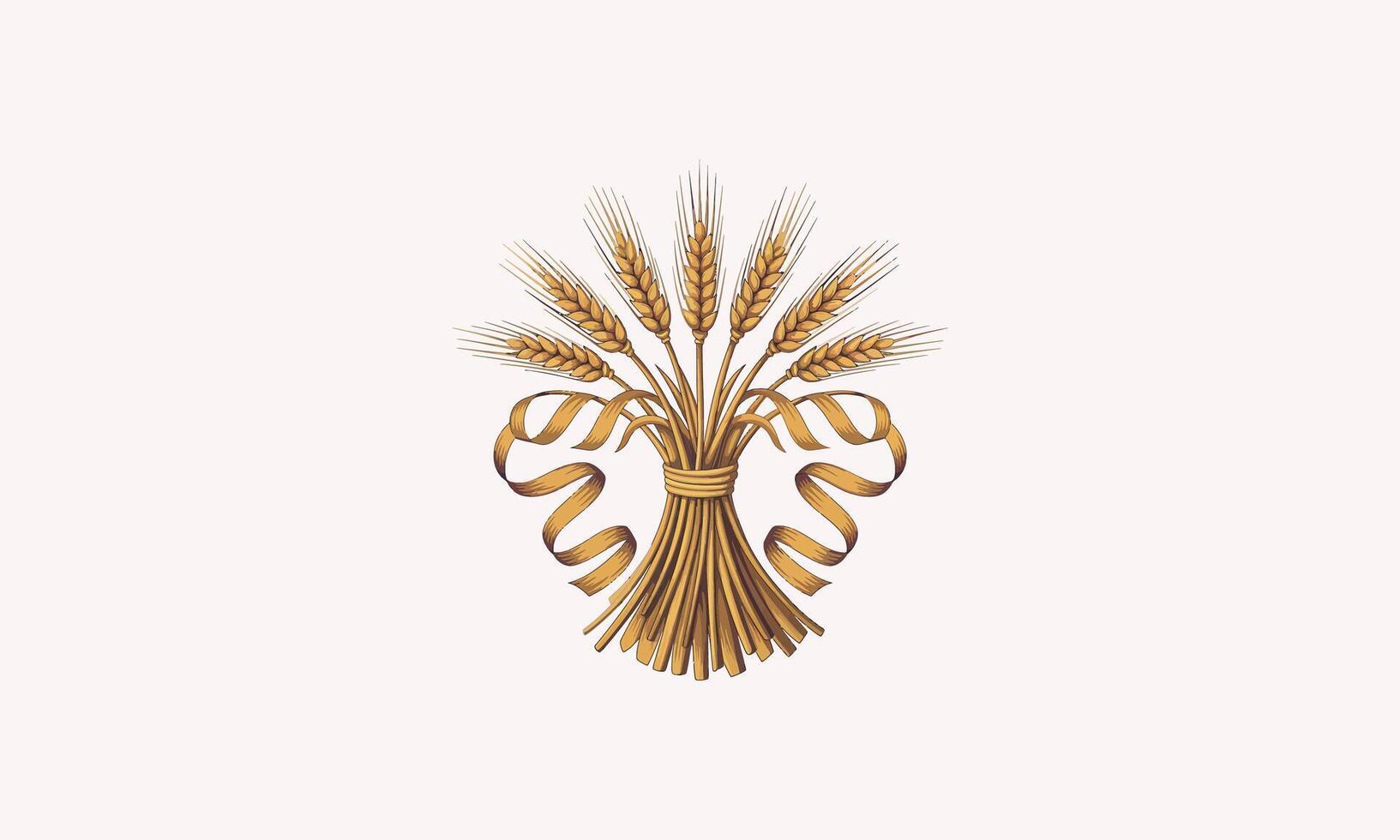 Golden wheat bundle with ribbon, symbol of agriculture. vector