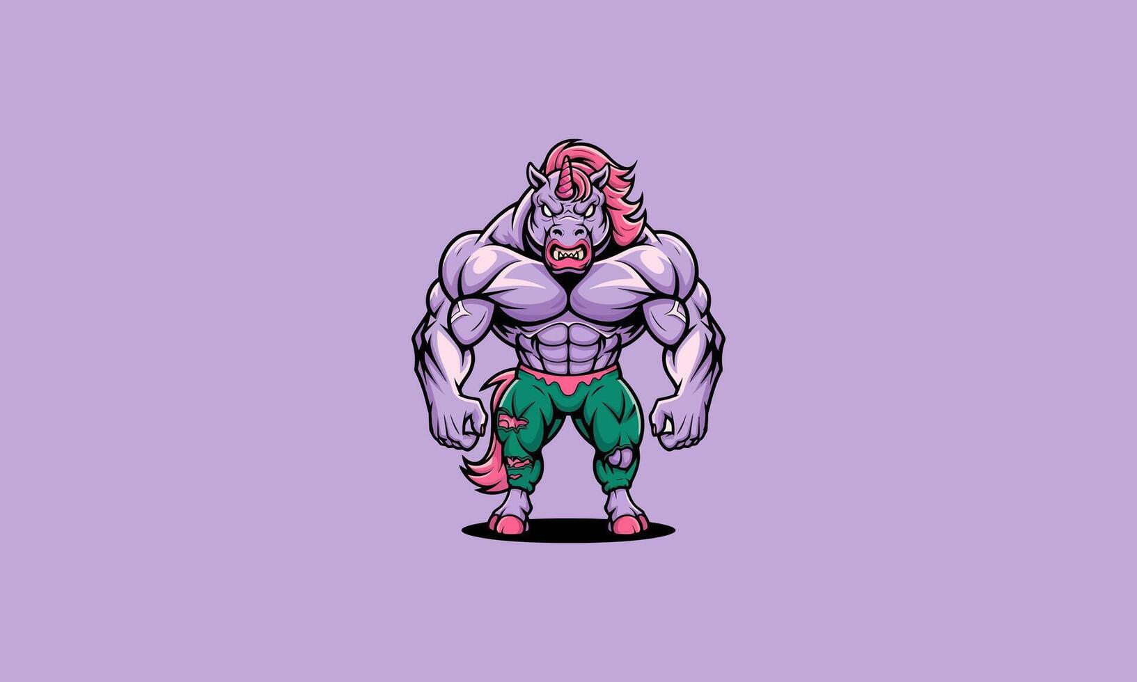Muscular, fierce unicorn with ripped clothes, flexing vector