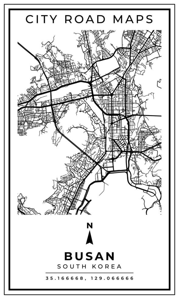 Monochrome Line Art Map of Busan City South Korea, Illustration and home decoration vector